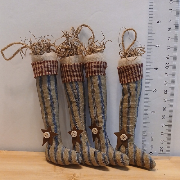 4 Rustic Striped Primitive Stocking Ornaments - Picture 2 of 11